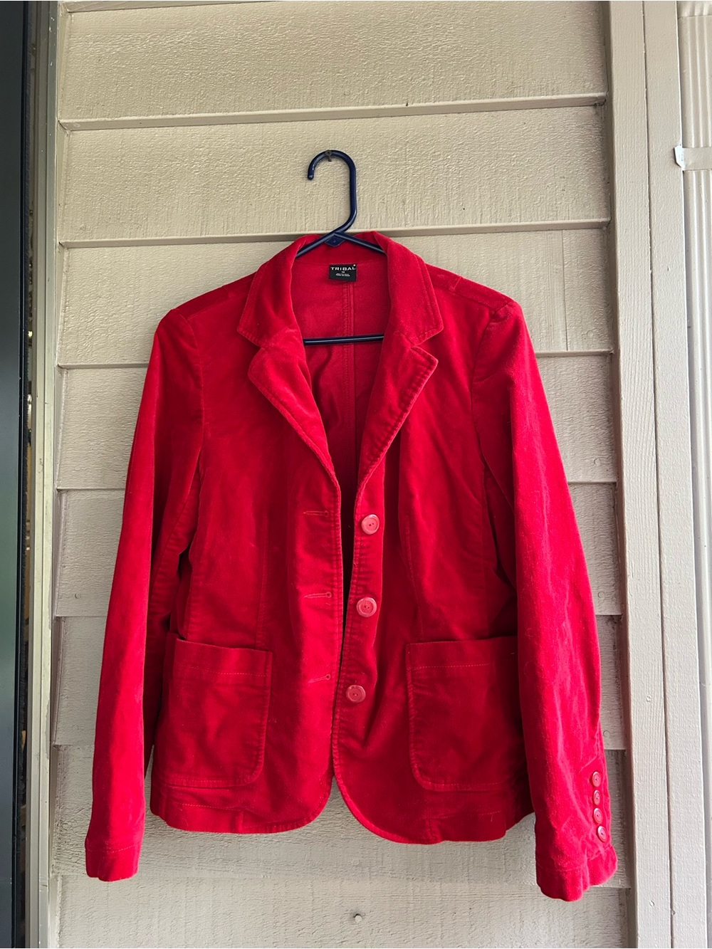Tribal Red Velvety Blazer Jacket button front, cotton/spandex.